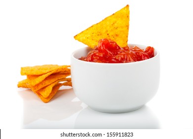 Nachos Corn Chips With Fresh Salsa Isolated On White