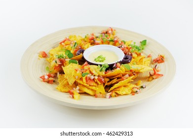 Nachos Corn Chips With Salsa, Cheese Sauce, Guacamole Menu For Restaurant Side View