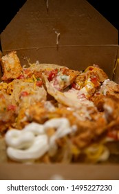 Nachos Covered In Shredded Chicken, Tomato, Green Chilis, Cheddar Cheese, And Sour Cream