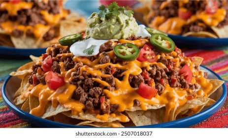 Nachos: Crispy tortilla chips loaded with melted cheese, jalapeños, salsa, guacamole, and your choice of toppings, perfect for sharing.

 - Powered by Shutterstock