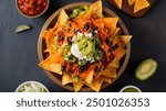 Nachos. Crispy tortilla chips topped with melted cheddar cheese, salsa, black beans, jalapenos, guacamole, sour cream and lettuce. Tex-Mex or Mexican restaurant classic traditional menu item.
