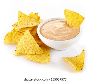 Nachos And Dip On White Background