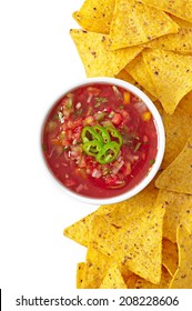 Nachos And Fresh Salsa Dip On White Background