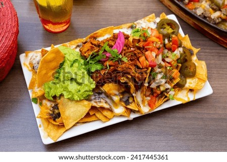Nachos with juicy meat, vegetables and Guacamole sauce - Mexican cuisine