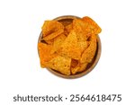 Nachos in a wooden bowl. Tortilla chips on wooden background.