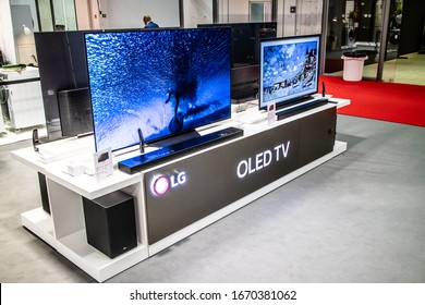 Nadarzyn, Poland, May 11, 2019: LG OLED Premium TV On Display, At LG Exhibition Showroom, Stand At Warsaw Electronics Show,