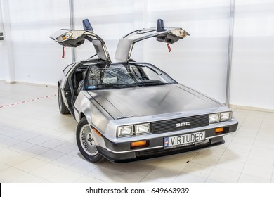 Nadarzyn, Poland, May 13, 2017 Warsaw Oldtimer Show: Delorean DMC-12 car from 1980s movie film Back To he Future