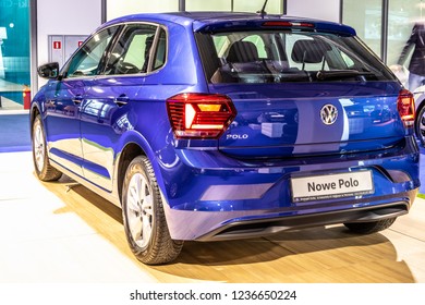 Nadarzyn, Poland, November 16, 2018: metallic blue new Volkswagen VW Polo at Warsaw Motor Show, car produced by Volkswagen Group