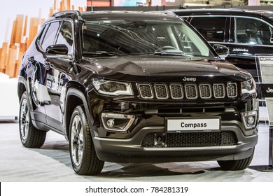 Nadarzyn, Poland, October 27, 2017 Warsaw Moto Show: metallic black Jeep Compass 4x4 Limited - off-road auto,  Jeep is a brand of American automobiles