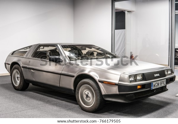 Nadarzyn, Poland, October 27, 2017 Warsaw Moto\
Show: Delorean DMC-12 car from 1980s movie film Back To the Future,\
outatime, Time\
Machine