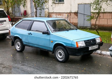 Nadym, Russia - September 4, 2022: Old Compact Hatchback Lada 2108 Sputnik In The City Street.