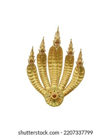 
Naga Gold Texture Statue (serpent) Five Head Patterns In Thai Temple Isolated On White Background , Clipping Path