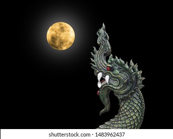 Naga Head The King Of Sneak Serpent Statue  With Fullmoon On Black Background, Phayanak Or Naga Statue In Thailand