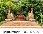 Naga stairway at the entrance of Wat Phra That Doi Suthep, Chiangmai Thailand.
