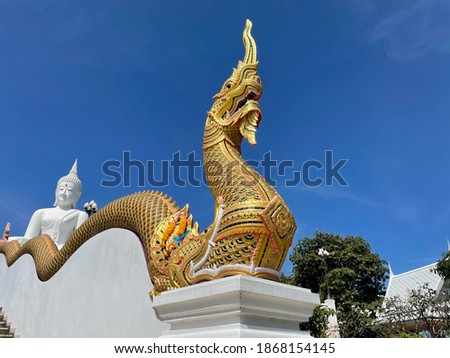 Naga statue,Serpent statue and blue sky,Sculpture of Naga in the park.