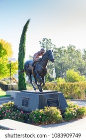 Nagambie, Australia - March 12, 2018: Bronze Statue Of The Racehorse Black Caviar On The Banks Of Lake Nagambie. The Statue By Mitch Mitchell Was Erected In 2013.