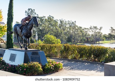 Nagambie, Australia - March 12, 2018: Bronze Statue Of The Racehorse Black Caviar On The Banks Of Lake Nagambie. The Statue By Mitch Mitchell Was Erected In 2013.