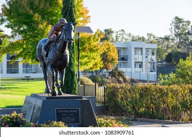 Nagambie, Australia - March 12, 2018: Bronze Statue Of The Racehorse Black Caviar On The Banks Of Lake Nagambie. The Statue By Mitch Mitchell Was Erected In 2013.