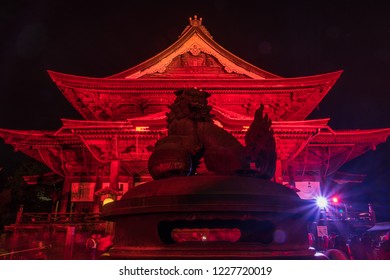 Nagano, Japan 02-08-2018 Zenkoji Temple Illuminted To Commemorate The Anniversary Of The 1998 Winter Olympics In Nagano