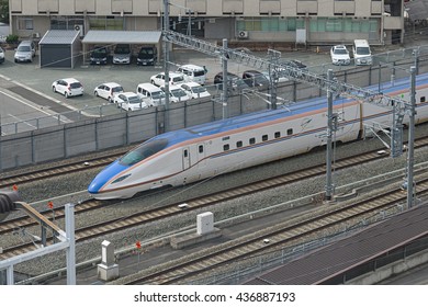 NAGANO,JAPAN-APRIL 10,2016: Top View Of E7 Series Bullet (High-speed Or Shinkansen) Train.This Train Services As Kagayaki(Shine) For Hokuriku Shinkansen Line(Tokyo - Kanazawa Route).