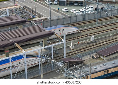 NAGANO,JAPAN-APRIL 10,2016: Top View Of E7 Series Bullet (High-speed Or Shinkansen) Train.This Train Services As Kagayaki(Shine) For Hokuriku Shinkansen Line(Tokyo - Kanazawa Route).