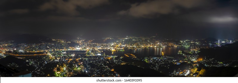 Nagasaki City Light Up At Night. Panorama Nightscape From Mt Inasa Observation Platform Deck. Famous Beauty Scenic Spot In The World, The 10 Ten Million Dollar Night Views. Nagasaki Prefecture, Japan