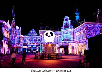 Nagasaki/Japan-May 2 2016: Illuminated Haunted House In  Huis Ten Bosch Theme Park In Japan 