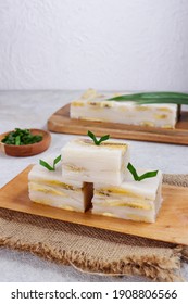 Nagasari loyang or cake pan nagasari, Indonesian traditional steamed snack made from rice flour, coconut milk, banana and served slices.
