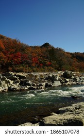 Nagatoro Cobblestone, ishidatami, and red autumn leaves are at Chichibu, saitama, Japan. Arakawa river.
