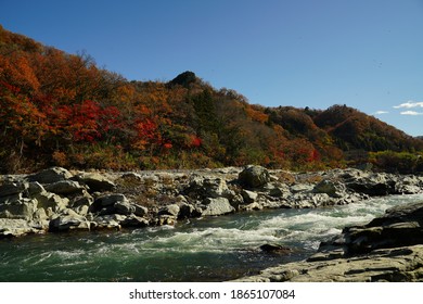 Nagatoro Cobblestone, ishidatami, and red autumn leaves are at Chichibu, saitama, Japan. Arakawa river.