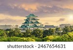 Nagoya castle and city skyline in Japan at beautiful sunset