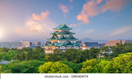 Nagoya Castle And City Skyline In Japan At Sunset