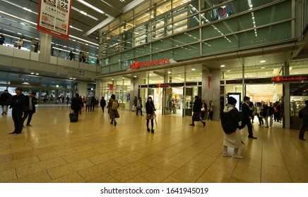 Nagoya, Japan - February 19, 2019: People walking in front of JR Nagoya Takashimaya department store in Nagoya Station