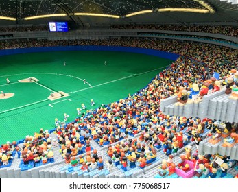 NAGOYA, JAPAN - OCTOBER 21, 2017:  Lego Bricks Made Baseball Sport Stadium With Audiences In Miniature City Model At Lego Land