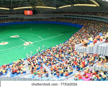 NAGOYA, JAPAN - OCTOBER 21, 2018:  Lego Bricks Made Baseball Sport Stadium With Audience In Miniature City Model At Lego Land