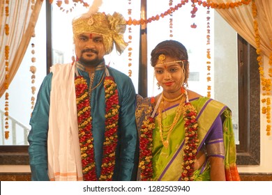 
NAGPUR, MAHARASHTRA, INDIA 21 DECEMBER 2018 : A Indian Bride And Groom wearing traditional wedding clothes in marriage ceremony, Indian traditional marriage ceremony is full of tradition and culture 