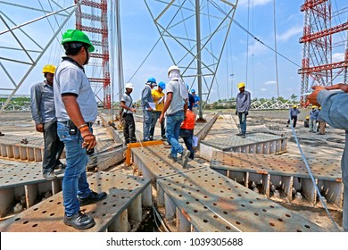 NAGPUR-INDIA-JUNE 18 : Assembly Of Steel Tower For Tower Load Test At Test Station, June 18, 2015, Nagpur Province, India