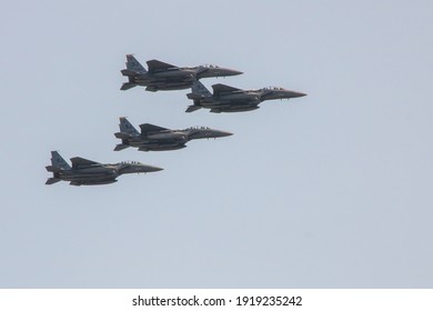 Nags Head, North Carolina, USA - October 16, 2020 - Four F-15 Eagles training over the North Carolina outer banks