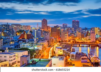 Naha, Okinawa, Japan downtown skyline at night.