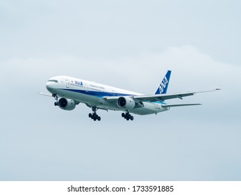 Naha, Okinawa / Japan - May 11, 2019: All Nippon Airways (ANA) Boeing 777-381 at Naha Airport
