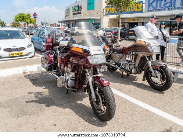 Nahariyya, Israel - April 21, 2018 : Motorcycles\
Honda at the exhibition of old cars in the parking lot near the Big\
Regba shopping\
center