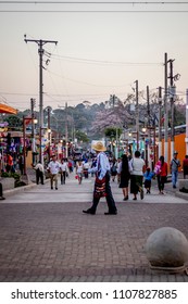 Nahuizalco, Sonsonate, El Salvador; April 18 2018: People Near The Central Park At Evening.