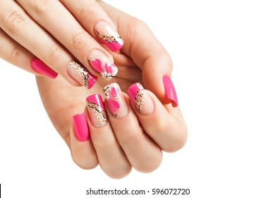 Nail Art Manicure, With A Pattern Of Flowers And Hearts. Isolated.