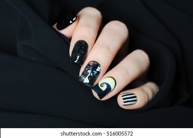 Nail Art Manicure In The Style Of Nightmare Before Christmas