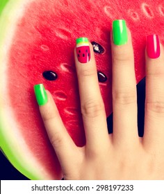 Nail Art Manicure. Watermelon Style Bright Summer Art Manicure. Nail Polish. Beauty Hands. Trendy Stylish Colorful Nails And Nailpolish