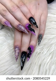 Nail Art On Acrylic Nails Set, Stiletto Nail Shape With Black, Purple, White And Glitter Color