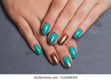 Nail art in turquoise   gold color  Summer trend nail design
