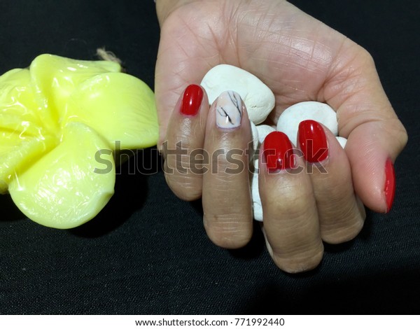 Nail Artist Marble Nail Red Gel Beauty Fashion Stock Image