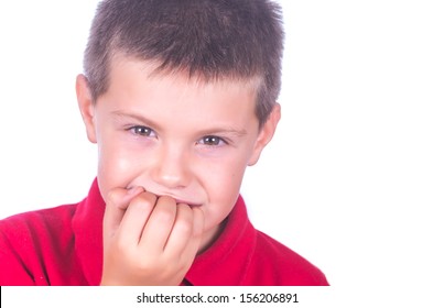 Nail Biting Child On White Background