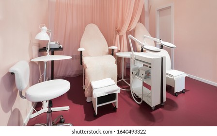 Nail Care. Light Studio, Beauty Salon Interior, Pedicure Places With Tools, Panorama, No People